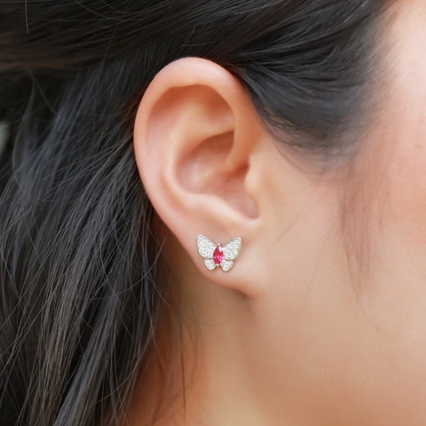 925 Sterlingsilber Laborgezüchteter Rubin Schmetterling Ohrstecker Für Damen Elegant Pavee Strass Tier Form Schmuck Geschenk