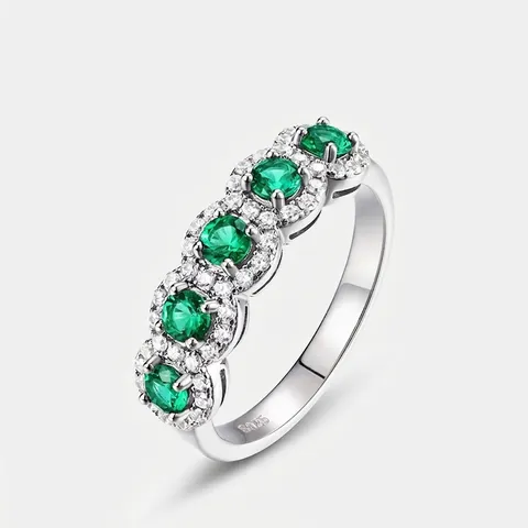 Anello in Argento Sterling 925 Smeraldo Creato in Laboratorio per Donna Vintage Intarsiato Strass Gioielli alla Moda Regalo