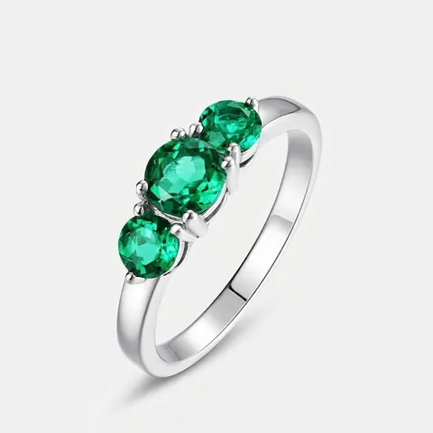 Vintage 925 Sterling Silver Lab Grown Emerald Three Stone Ring For Women Retro Luxury Statement Finger Jewelry Gift