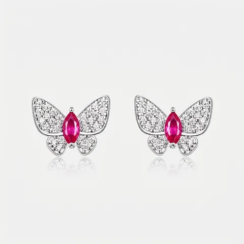 925 Sterlingsilber Laborgezüchteter Rubin Schmetterling Ohrstecker Für Damen Elegant Pavee Strass Tier Form Schmuck Geschenk