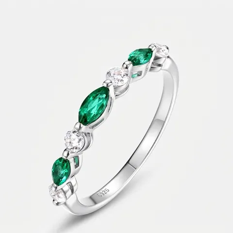Vintage 925 Sterling Silver Lab-Grown Emerald Band Ring With Zirconia Inlaid Marquise Cut Gemstone For Women Fashion Jewelry Gift