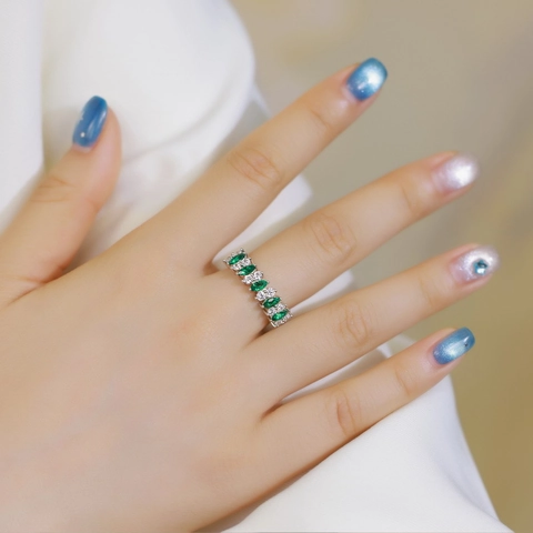 925 Sterling Silver Lab-Grown Emerald Ring Marquise Cut Green Gemstone Rhinestone Inlaid Retro Fashion Jewelry For Women