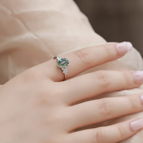 Vintage 925 Sterling Silver Moss Agate Ring For Women Oval Green Natural Agate Gemstone Inlaid Rhinestone Jewelry Finger Ring