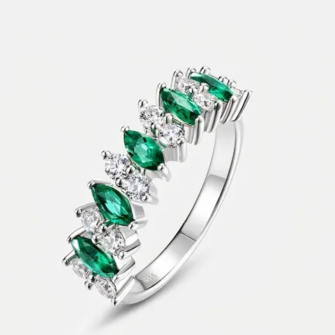 925 Sterling Silver Lab-Grown Emerald Ring Marquise Cut Green Gemstone Rhinestone Inlaid Retro Fashion Jewelry For Women