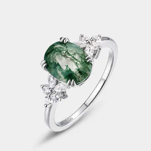 Vintage 925 Sterling Silver Moss Agate Ring For Women Oval Green Natural Agate Gemstone Inlaid Rhinestone Jewelry Finger Ring