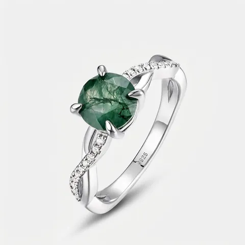 Anello in Argento Sterling 925 con Agata Muschiata Vintage per Donna Fascia Intrecciata di Lusso con Strass Gioielli