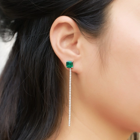 925 Sterling Silver Lab Grown Emerald Tassel Earrings Princess Cut Green Gemstone Long Fringe Drop Earrings For Women
