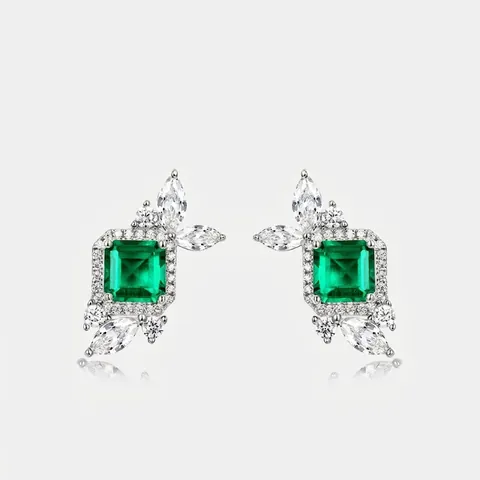 Boucles d'Oreilles Clous en Argent Sterling S925 Émeraude de Synthèse Femmes Pierre Verte Taille Carrée Strass Bijoux