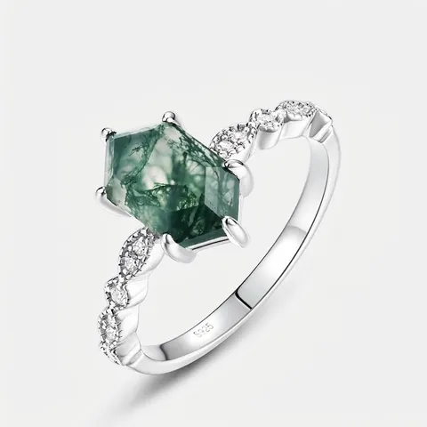 Vintage S925 Sterling Silver Moss Agate Ring For Women Hexagon Water Grass Agate Geometric Rhinestone Inlaid Fashion Ring Jewelry