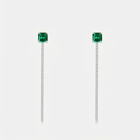 925 Sterling Silver Lab Grown Emerald Tassel Earrings Princess Cut Green Gemstone Long Fringe Drop Earrings For Women