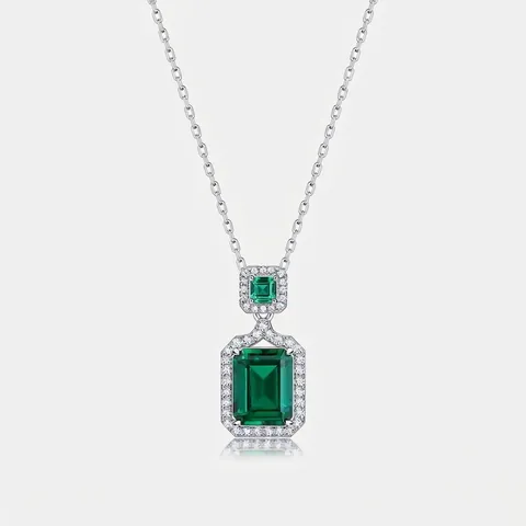 Elegant 925 Sterling Silver Lab Grown Emerald Pendant Necklace For Women Vintage Geometric Zirconia Halo Necklaces Jewelry Gift