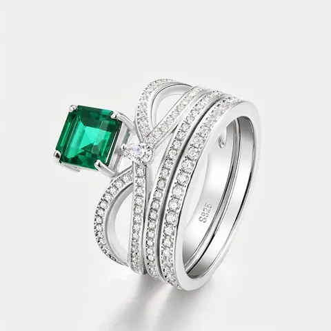 Anillo de Plata de Ley S925 de Corona Vintage para Mujer Esmeralda de Laboratorio Anello Apilable con Circonia Joyería