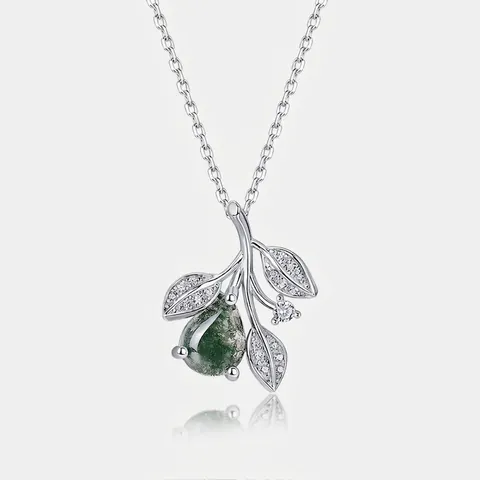 Collana con Ciondolo in Agata Muschiata in Argento Sterling S925 Agata Naturale Verde a Forma di Goccia Foglia Strass per Donna