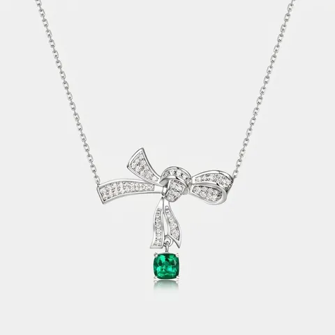 Collana Con Pendente a Fiocco in Argento Sterling 925 Con Smeraldo Creato in Laboratorio E Strass Gioielli Eleganti Donna