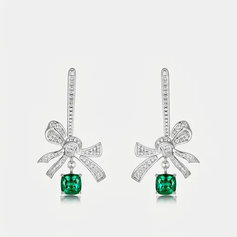 925 Sterling Silver Lab-Grown Emerald Bow Drop Earrings Zirconia Ribbon Pave Set Jewelry For Women Wedding Banquet Gift