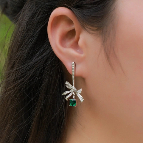 925 Sterling Silver Lab-Grown Emerald Bow Drop Earrings Zirconia Ribbon Pave Set Jewelry For Women Wedding Banquet Gift