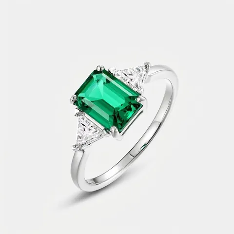 925 Sterlingsilber Ring Mit Smaragdschliff Im Labor Gezüchteter Smaragd Vintage Elegant Drei-Steine-Design Zirkonia Damen Ring