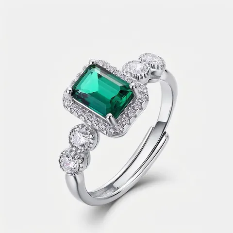 Vintage Smaragdgeschliffener Im Labor Gezüchteter Smaragd Offener Ring S925 Sterlingsilber Mit Strass Verstellbarer Luxusschmuck Damen