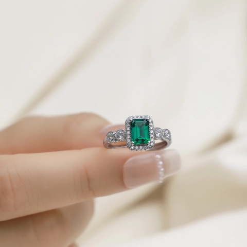 Vintage Smaragdgeschliffener Im Labor Gezüchteter Smaragd Offener Ring S925 Sterlingsilber Mit Strass Verstellbarer Luxusschmuck Damen