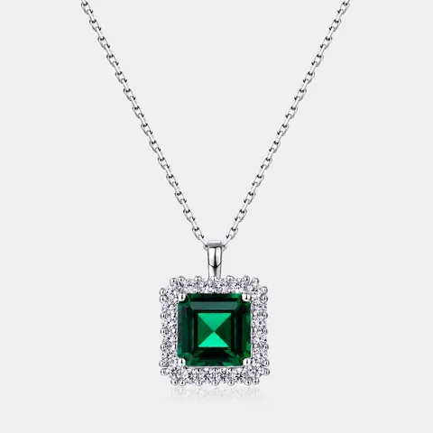 Luxe 925 Sterling Zilveren Lab-Gekweekte Smaragd Hanger Ketting Voor Vrouwen Vierkant Geslepen Groene Edelsteen Strass Halo Sieraden