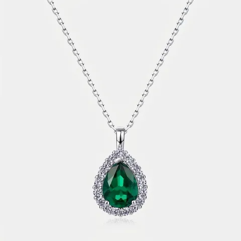 S925 Sterling Silver Created Emerald Pendant Necklace Vintage Elegant Waterdrop Zirconia Halo Necklaces For Women Jewelry