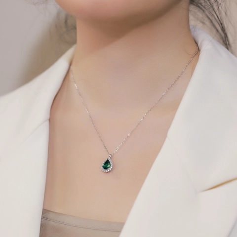 S925 Sterling Silver Created Emerald Pendant Necklace Vintage Elegant Waterdrop Zirconia Halo Necklaces For Women Jewelry