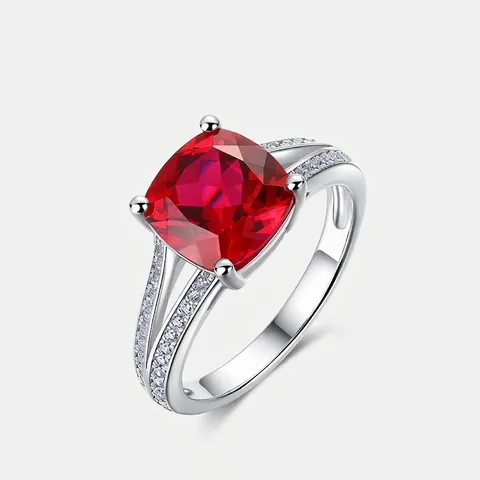 925 Sterling Silver Lab-Grown Ruby Ring For Women Geometric Cushion Cut Rhinestone Inlaid Split Shank Fashion Jewelry