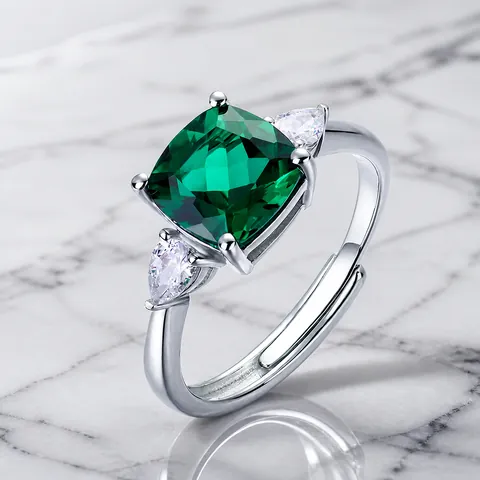 Bague Ouverte en Argent Sterling S925 Avec Émeraude de Laboratoire Pour Femme Pierre Précieuse Verte Carrée Géométrique de Luxe Zirconia Bague Ajustable