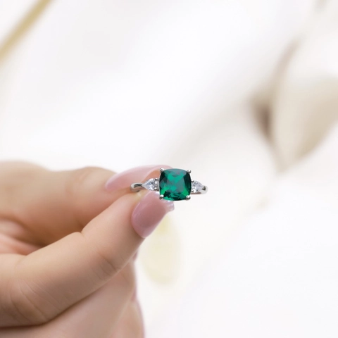 Bague Ouverte en Argent Sterling S925 Avec Émeraude de Laboratoire Pour Femme Pierre Précieuse Verte Carrée Géométrique de Luxe Zirconia Bague Ajustable