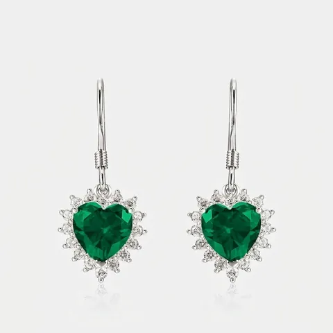 Orecchini a Gancio in Argento Sterling S925 a Cuore con Smeraldo e Rubino Creati in Laboratorio per Donna Vintage Strass Halo Gioielli