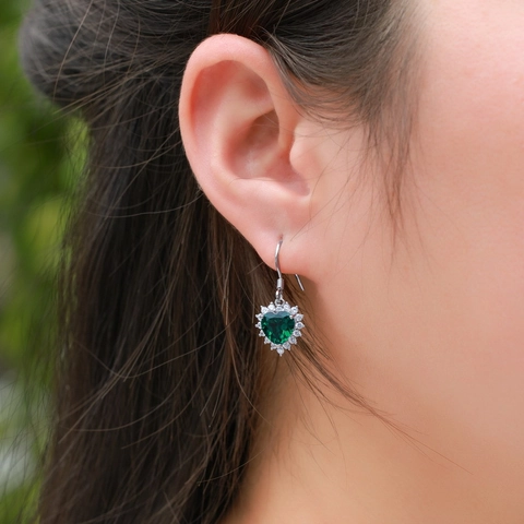 Orecchini a Gancio in Argento Sterling S925 a Cuore con Smeraldo e Rubino Creati in Laboratorio per Donna Vintage Strass Halo Gioielli