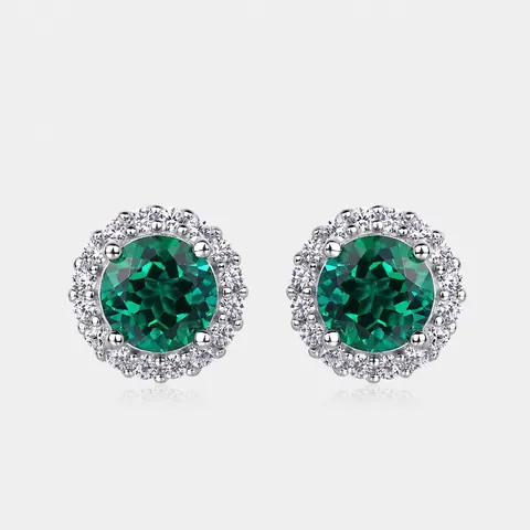 Boucles d'Oreilles Clous en Argent Sterling 925 Émeraude de Laboratoire pour Femmes Rond Halo Pierre Verte Strass Plaqué Platine
