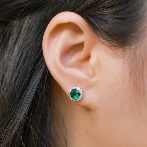 Boucles d'Oreilles Clous en Argent Sterling 925 Émeraude de Laboratoire pour Femmes Rond Halo Pierre Verte Strass Plaqué Platine