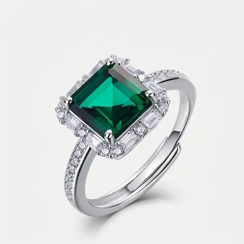 S925 Sterlingsilber Im Labor Gezüchteter Smaragd Ring Vintage Smaragdschliff Halo Verstellbarer Offener Ring Für Damen Luxus Schmuck