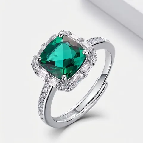 Vintage 925 Sterling Silver Lab-Grown Emerald Halo Ring For Women Square Green Zirconia Open Adjustable Luxury Jewelry Gift
