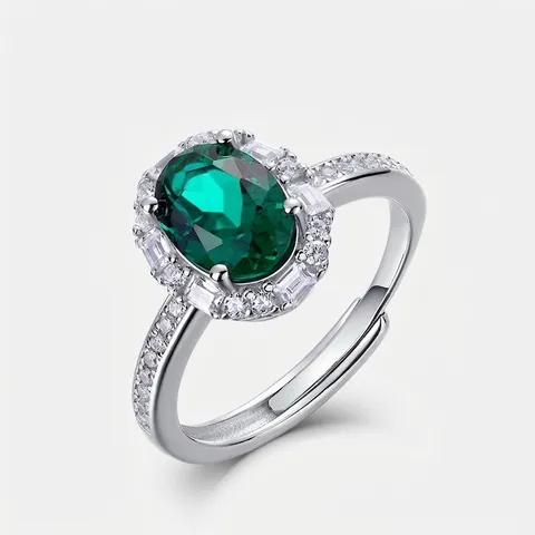 Anillo de Plata de Ley 925 Esmeralda Creada en Laboratorio para Mujer Talla Pera Ovalada Piedra Verde Circonia Ajustable