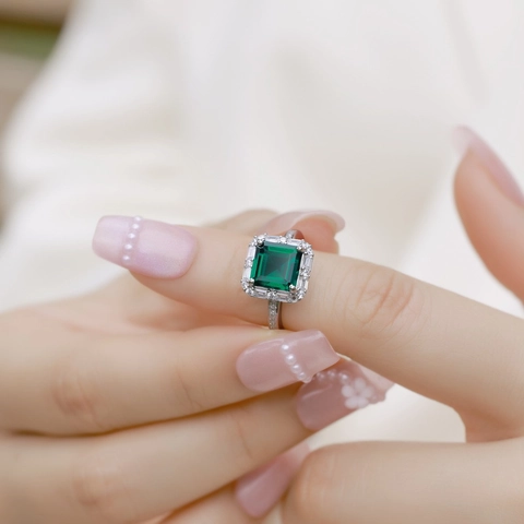 S925 Sterlingsilber Im Labor Gezüchteter Smaragd Ring Vintage Smaragdschliff Halo Verstellbarer Offener Ring Für Damen Luxus Schmuck