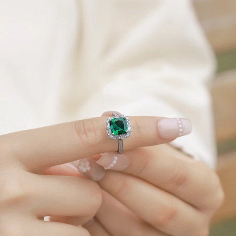 Vintage 925 Sterling Silver Lab-Grown Emerald Halo Ring For Women Square Green Zirconia Open Adjustable Luxury Jewelry Gift