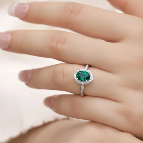 Anillo de Plata de Ley 925 Esmeralda Creada en Laboratorio para Mujer Talla Pera Ovalada Piedra Verde Circonia Ajustable