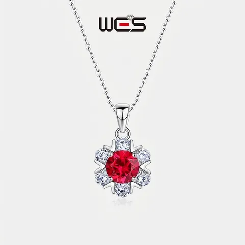 Collar con Colgante de Flor de Rubí Cultivado en Plata de Ley 925 para Mujer Elegante Collar de Cadena con Incrustaciones de Strass