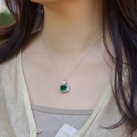 Collana con Ciondolo Smeraldo di Laboratorio in Argento Sterling 925 Gioielli Quadrati Geometrici con Strass Donna Matrimonio