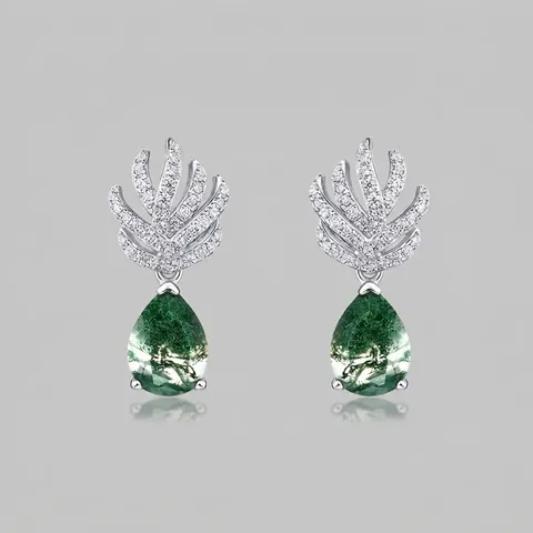 Pendientes de Botón de Gota de Ágata Musgosa Verde Natural Poste de Plata de Ley 925 Circonia Elegante Joyería Vintage Mujer