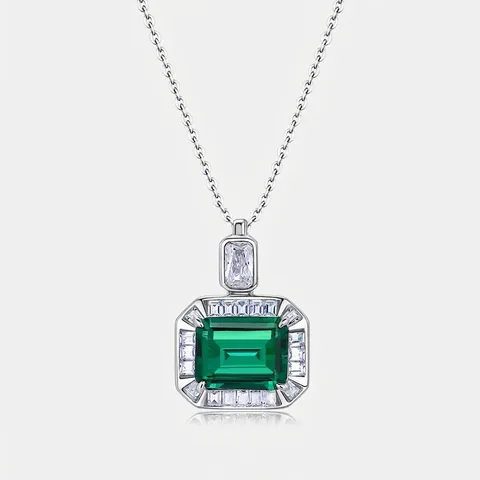 Collana con Ciondolo Smeraldo di Laboratorio in Argento Sterling 925 Gioielli Quadrati Geometrici con Strass Donna Matrimonio