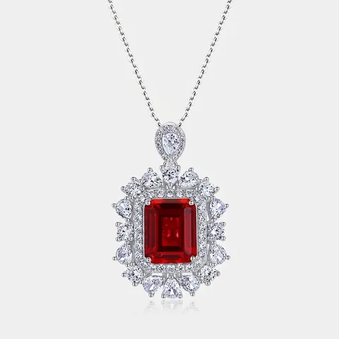 Luxury 925 Sterling Silver Pendant Necklace For Women Elegant Created Ruby Halo Created Sapphire Square Pendant Chain Fashion Jewelry Gift