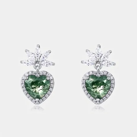 Elegant S925 Sterling Silver Heart Moss Agate Stud Earrings For Women Green Water Grass Agate Zirconia Leaf Jewelry Gift