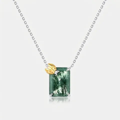 Collana con Ciondolo a Coccinella in Agata Muschiata Naturale Argento Sterling 925 Elegante Catena Geometrica con Strass per Donna