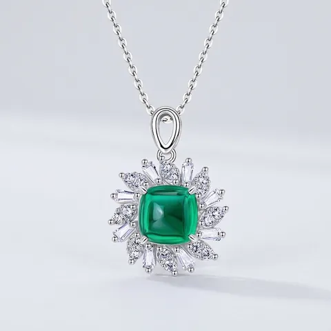 Luxurious 925 Sterling Silver Lab-Grown Emerald Pendant Necklace Rhinestone Halo Square Gemstone Vintage Jewelry Gift Women