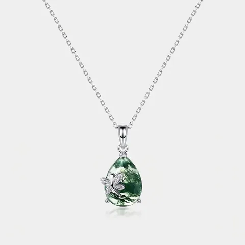 Elegante Collana con Ciondolo in Agata Muschiata Argento Sterling 925 Libellula a Goccia d'Acqua Strass Intarsiato Gioielli Donna