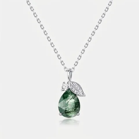 Collana con Pendente a Goccia in Agata Muschiata Naturale in Argento Sterling S925 per Donna Elegante Design a Foglia con Zirconia Gioielli Regalo