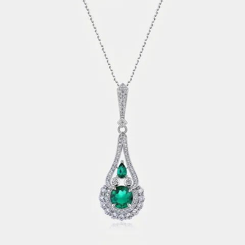 Retro S925 Sterling Silver Lab Grown Emerald Pendant Necklace Water Drop Rhinestone Inlaid Clavicle Chain Jewelry For Women